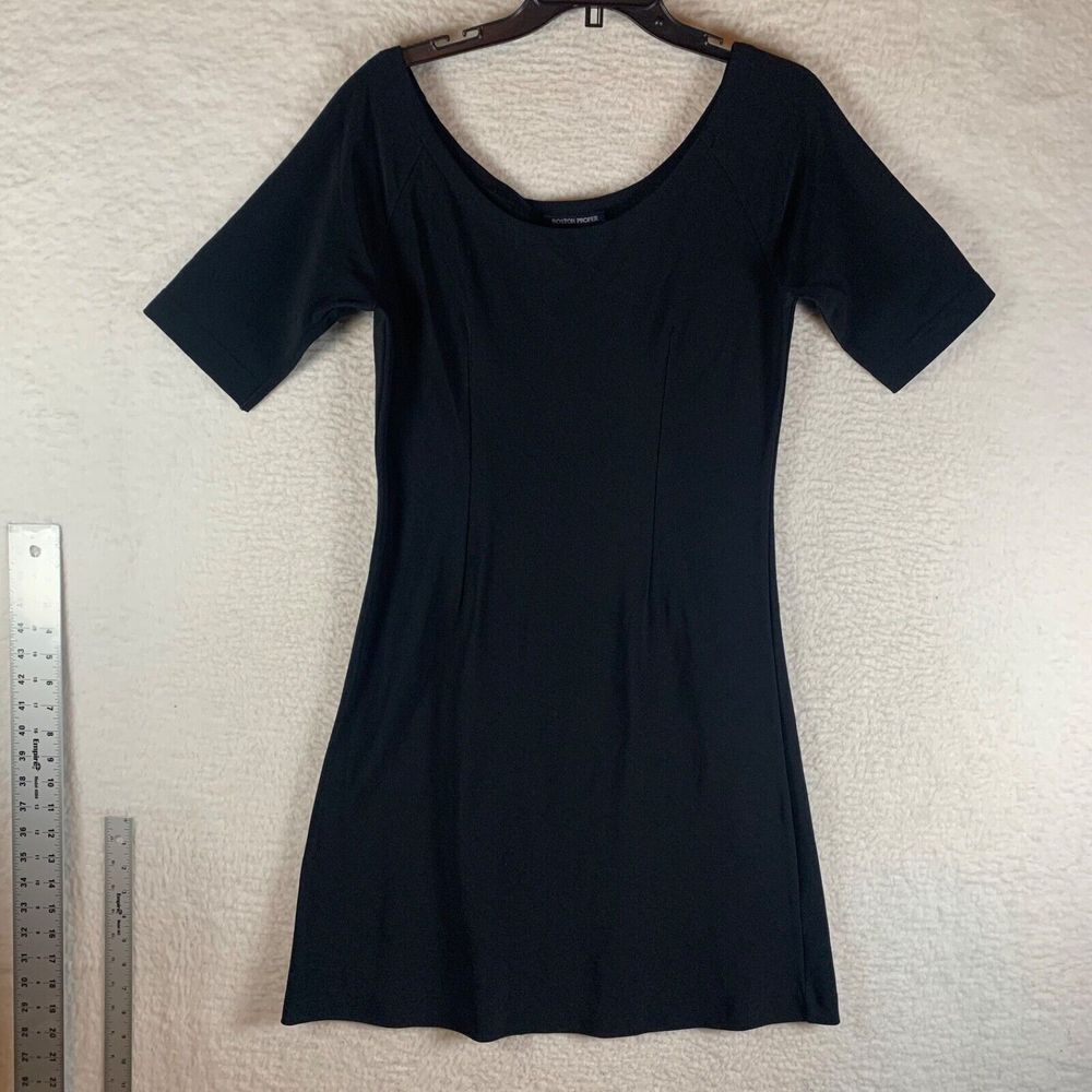 Boston Proper Women's Short Sleeve Scoop Neck Mini Shift Dress Black Career M